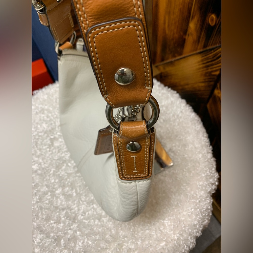 Coach Pebbled Leather Shoulder Bag Cream with Brown Strap, purple interior. - Picture 4 of 16